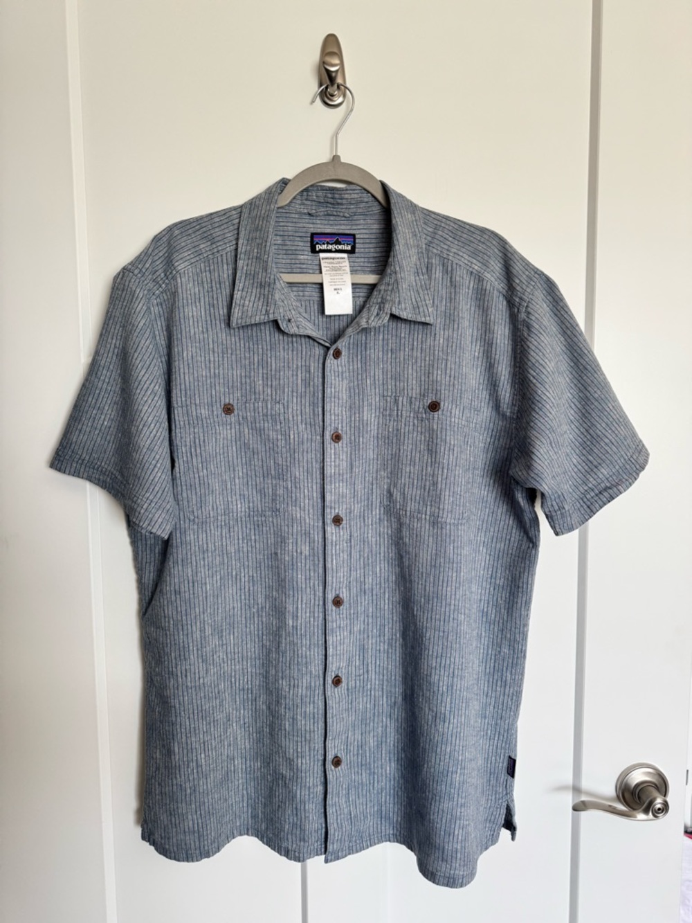 Patagonia Back Step Short Sleeve Button-Down Shirt Blue Pinstriped Sz XL